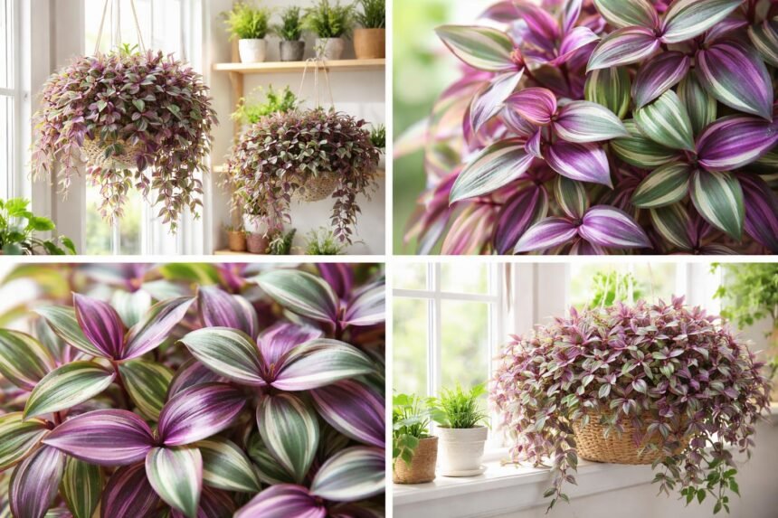 Vielseitige Dreimasterblume Tradescantia mit bunten Blattfarben in Topf auf dem Fensterbrett einer hellen Wohnung heute.