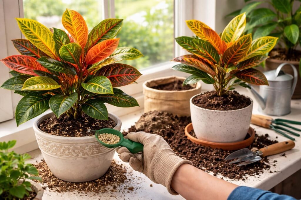 - Effektives Düngen Umtopfen und Erde fördern gesundes Kroton-Wachstum und Vitalität