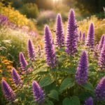 Duftende Agastache-Pflanze mit leuchtenden Blütenständen, summenden Bienen und Nebel im Hintergrund