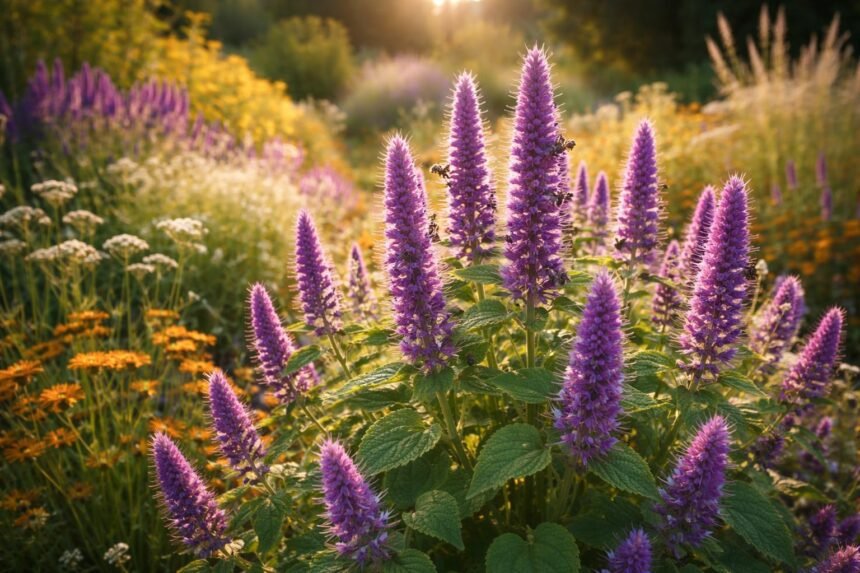 Duftende Agastache-Pflanze mit leuchtenden Blütenständen, summenden Bienen und Nebel im Hintergrund