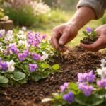 Duftveilchen im Beet, violette Blüten, grüne Blätter, intensiver Duft im Frühling