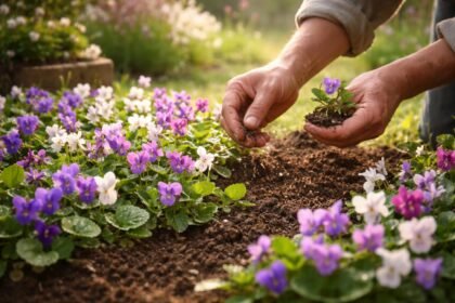 Duftveilchen im Beet, violette Blüten, grüne Blätter, intensiver Duft im Frühling