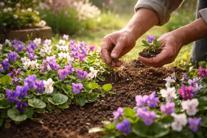 Duftveilchen im Beet, violette Blüten, grüne Blätter, intensiver Duft im Frühling