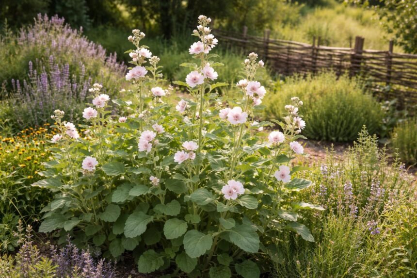 Nahaufnahme der rosa-weißen Eibischblüten mit samtigen Blättern im Beet und grünem Umfeld.