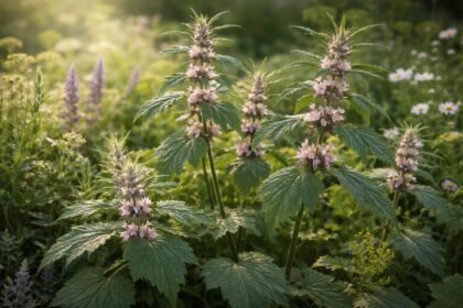 Nahaufnahme von Echtem Herzgespann (Leonurus cardiaca) mit grünen Blättern und Stängeln
