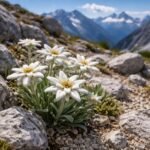 Edelweiß im Gartenboden, gut entwässert, vor alpinem Hintergrund mit Stein