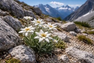 Edelweiß im Gartenboden, gut entwässert, vor alpinem Hintergrund mit Stein