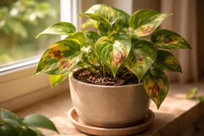 Nahaufnahme einer Efeutute mit braunen Flecken auf gesprenkelten grünen Blättern