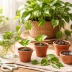 Efeutute wird durch Ableger vermehrt, grüne Ranken und neue Jungpflanzen