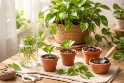 Efeutute wird durch Ableger vermehrt, grüne Ranken und neue Jungpflanzen