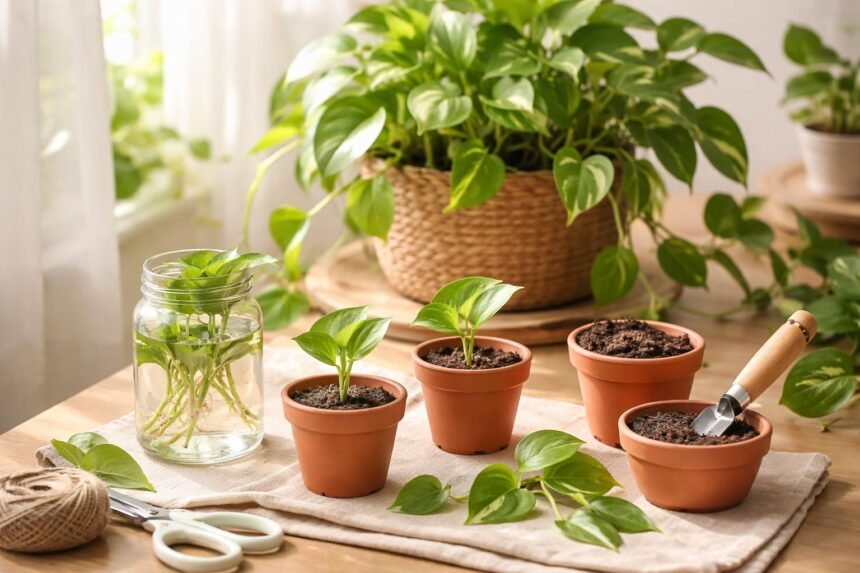 Efeutute wird durch Ableger vermehrt, grüne Ranken und neue Jungpflanzen