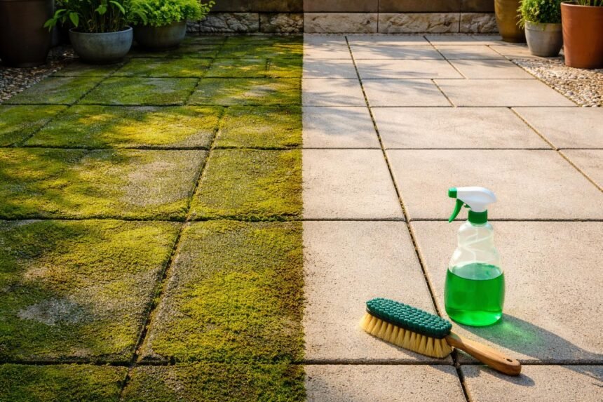 Grünbelag auf Bodenplatten vor Reinigung; Terrassenoberfläche wirkt wieder frisch und sauber