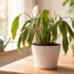 Einblatt (Spathiphyllum) mit hängenden Blättern in hellem Wohnzimmer, ruhiger Beleuchtung