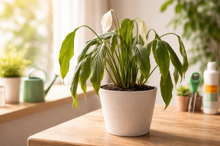 Einblatt lässt Blätter hängen: 6 häufige Ursachen Einblatt (Spathiphyllum) mit hängenden Blättern in hellem Wohnzimmer, ruhiger Beleuchtung