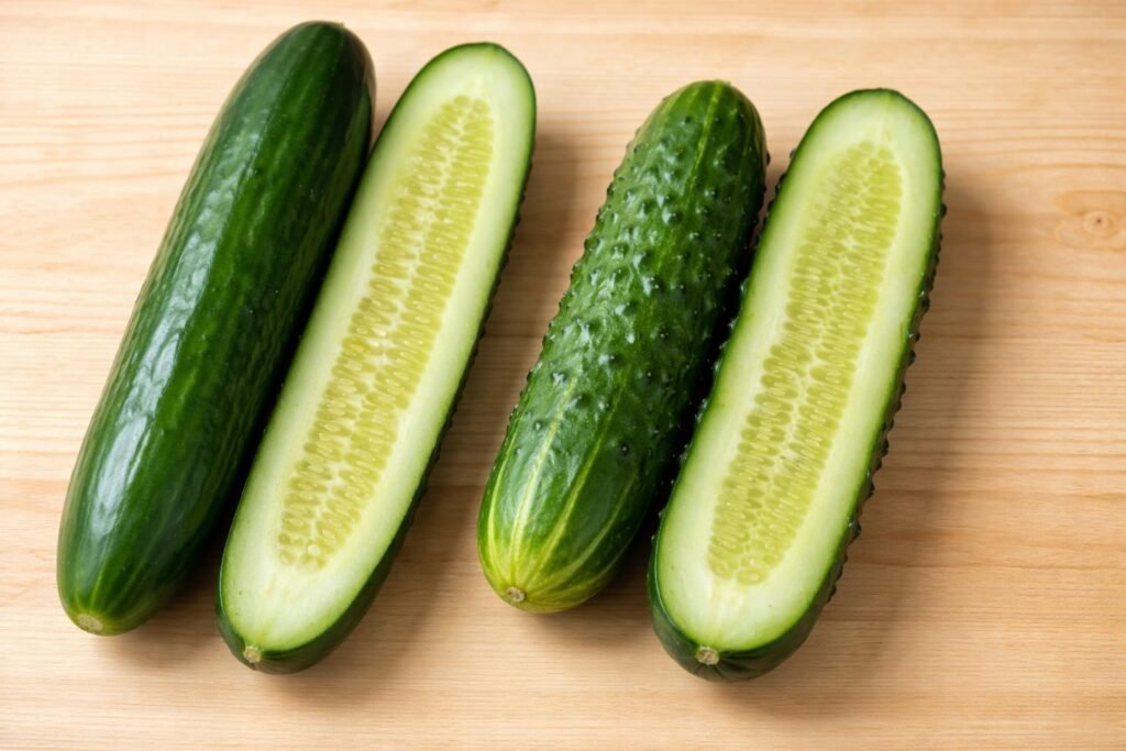 Direkter Vergleich von Einlegegurken und Salatgurken mit Konsistenz, Schale und Geschmack