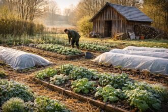 Gärtnerinnen und Bauern schützen Pflanzenernte vor Eisheiligen, plötzlicher Kälte im Frühling