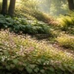 Elfenblume Epimedium mit zarten Pastellblüten und silbrigem Laub im Schattengarten des Frühlings