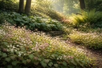Elfenblume Epimedium mit zarten Pastellblüten und silbrigem Laub im Schattengarten des Frühlings