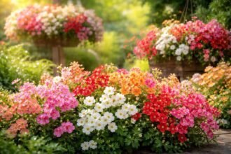 Elfensporn in Rosa, Rot, Weiß blühend über Beet und Balkon