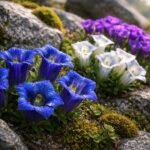 Tiefblaue Enzianblüten, kompakter Wuchs, alpiner Steingarten, raue Standorte, vielseitige Arten.