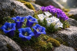 Tiefblaue Enzianblüten, kompakter Wuchs, alpiner Steingarten, raue Standorte, vielseitige Arten.
