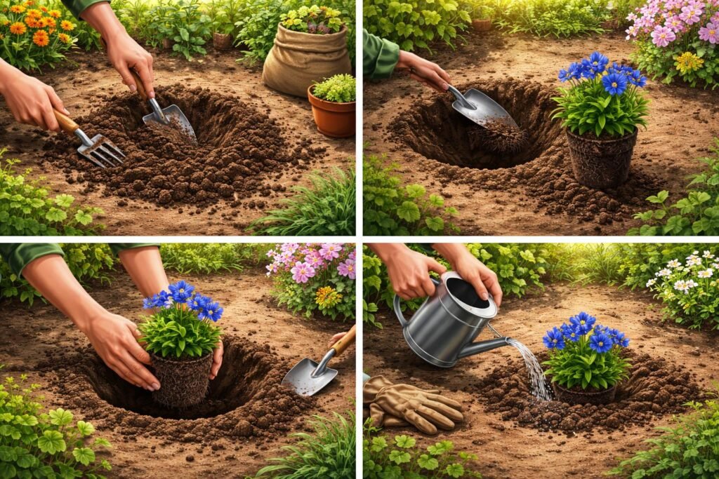 Nahaufnahme von Enzianpflanzen im Garten, bereit für die Pflanzung heute