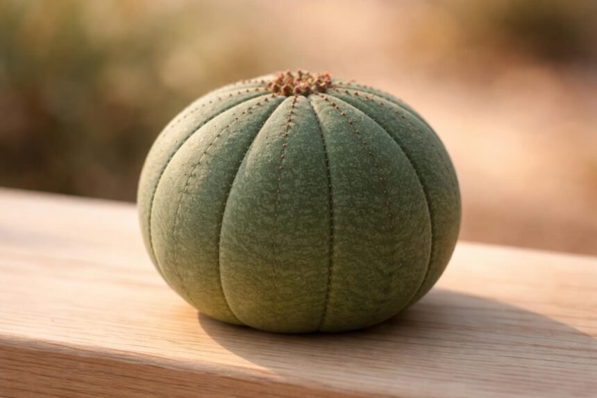 Kugelige Euphorbia obesa als pflegeleichte Zimmerpflanze in stilvollem hellen Raum.