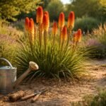 Leuchtende Fackellilien (Kniphofia) im sonnigen Gartenbeet mit roten Blütenkerzen, exotischem Flair