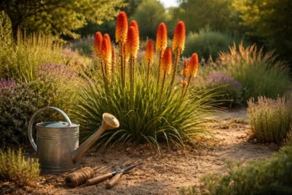 Leuchtende Fackellilien (Kniphofia) im sonnigen Gartenbeet mit roten Blütenkerzen, exotischem Flair