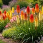 Leuchtende Kniphofia-Blütenkolben im sommerlichen Staudenbeet, farbkräftig, insektenfreundlich und auffällig als Blickfang