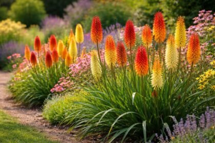 Leuchtende Kniphofia-Blütenkolben im sommerlichen Staudenbeet, farbkräftig, insektenfreundlich und auffällig als Blickfang