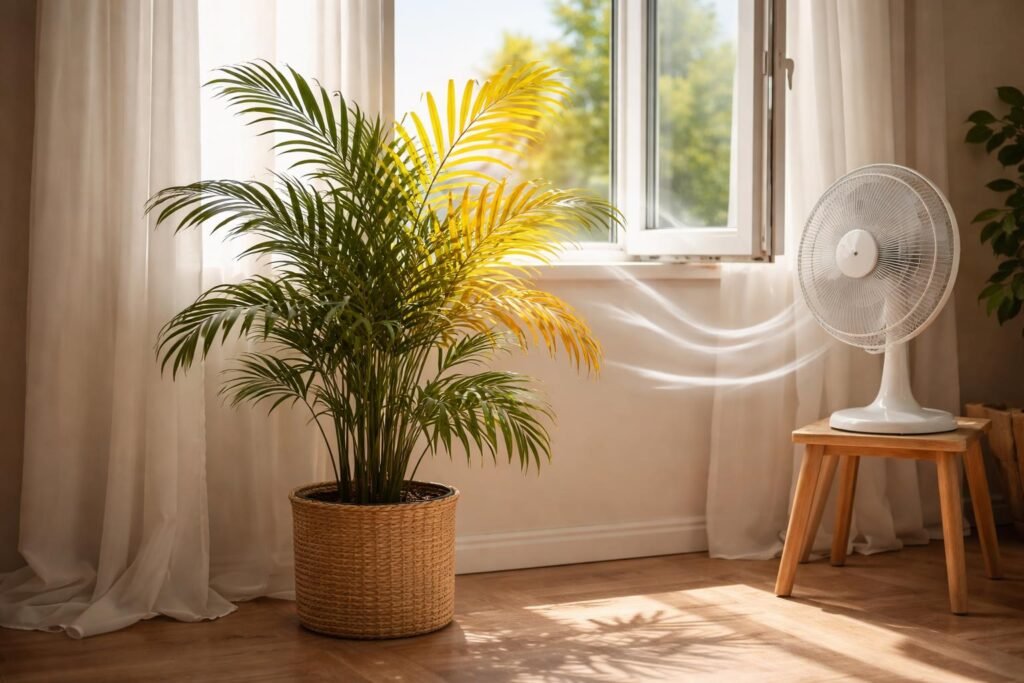 Zimmerpalme mit gelben Blättern aufgrund falschen Standorts, Licht- oder Temperaturproblemen.