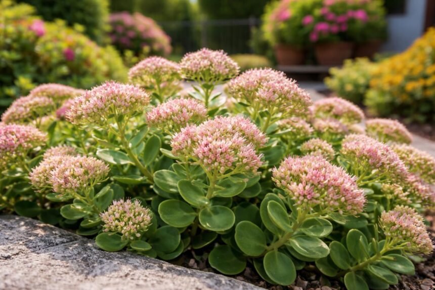 Fetthenne: Arten, Pflanzen & Pflegen Bunte Fetthenne-Pflanzen in Staudenbeeten, trockenheitsresistent, farbenfroh und blühend, für Gärten, Balkone und Terrassen