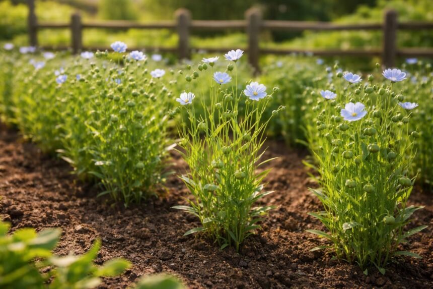Flachsfelder mit jungen Pflanzen, grüner Blattboden und sonnigem Himmel im Sommer
