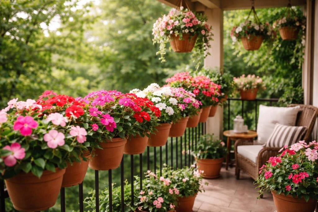 Fleißiges Lieschen: Standort, Pflege & die schönsten Sorten Fleißiges Lieschen im Topf auf dem Balkon vor hellblauer Wand