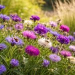 Nahaufnahme farbiger Flockenblumen (Centaurea) mit fransigen Blütenkörben und summenden Bienen