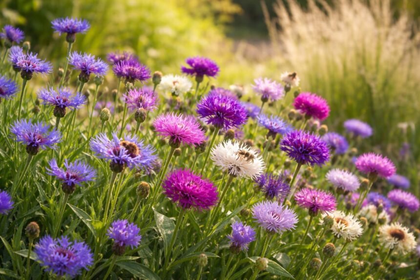 Nahaufnahme farbiger Flockenblumen (Centaurea) mit fransigen Blütenkörben und summenden Bienen