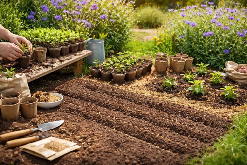 Flockenblume in Gartenbeet, sonnig, mit leuchtenden Blüten und grünen Blättern im Sommer