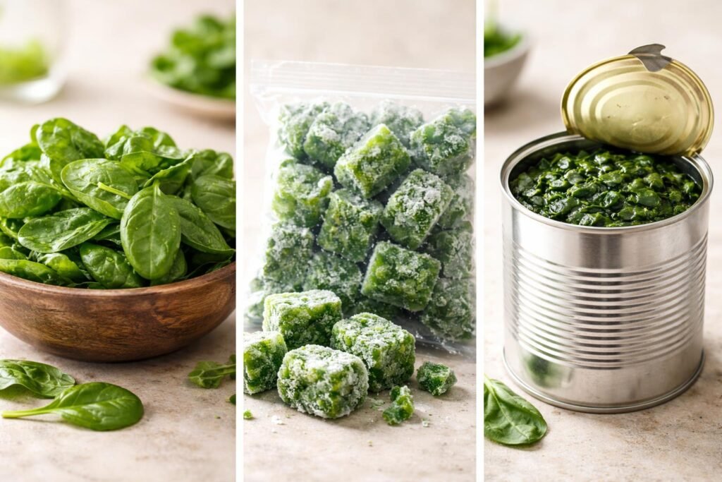 Frische Spinatblätter, Tiefkühlspinat und Dosenware stehen nebeneinander und wirken verschieden.