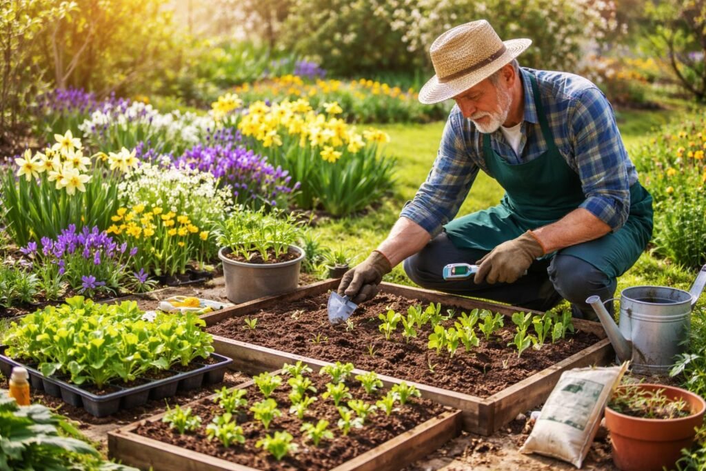 - Frühlingshafte Frühblüher und Gemüsebeete liegen bereit, sorgfältig gepflanzt und gedüngt.