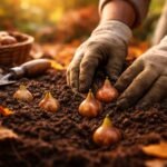 Frühlingsblumenzwiebeln im Herbst gepflanzt, vorbereitet für einfarbenfrohes Frühjahr mit reichlich Wuchs und Pflege.