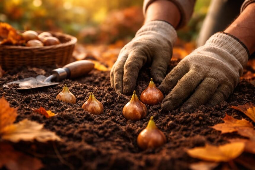 Frühlingsblumenzwiebeln im Herbst gepflanzt, vorbereitet für einfarbenfrohes Frühjahr mit reichlich Wuchs und Pflege.