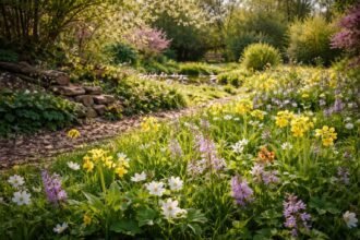 Frühlingswildblumen leuchten in Gras und Laub als inspirierende Gartenelemente für Gartenfreunde und Naturfans