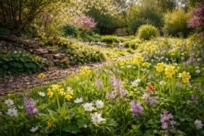 Frühlingswildblumen leuchten in Gras und Laub als inspirierende Gartenelemente für Gartenfreunde und Naturfans
