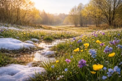 - Frühlingswildblumen; kleines Licht, leuchtende Farben; Natur erwacht, Erde riecht nach Frühling und Wachstum.