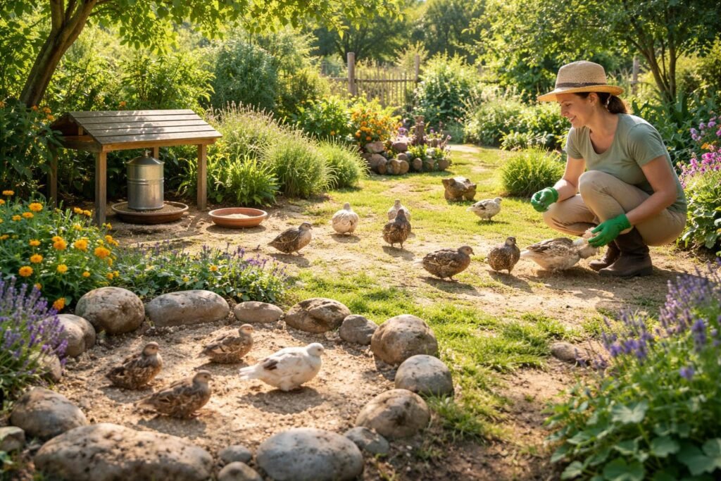 Gartwachteln beim Füttern, Pflegen und Gesundheitscheck im eigenen Garten, glücklich.