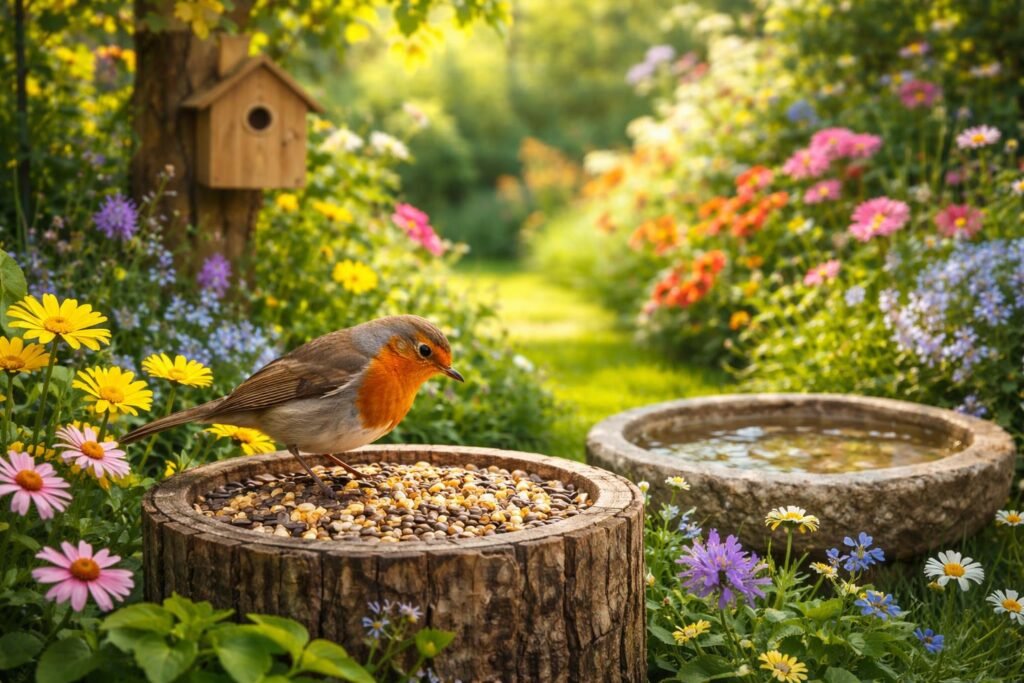 Bild eines Rotkehlchens im Garten mit Futterstelle und Wasserquelle für Vögel