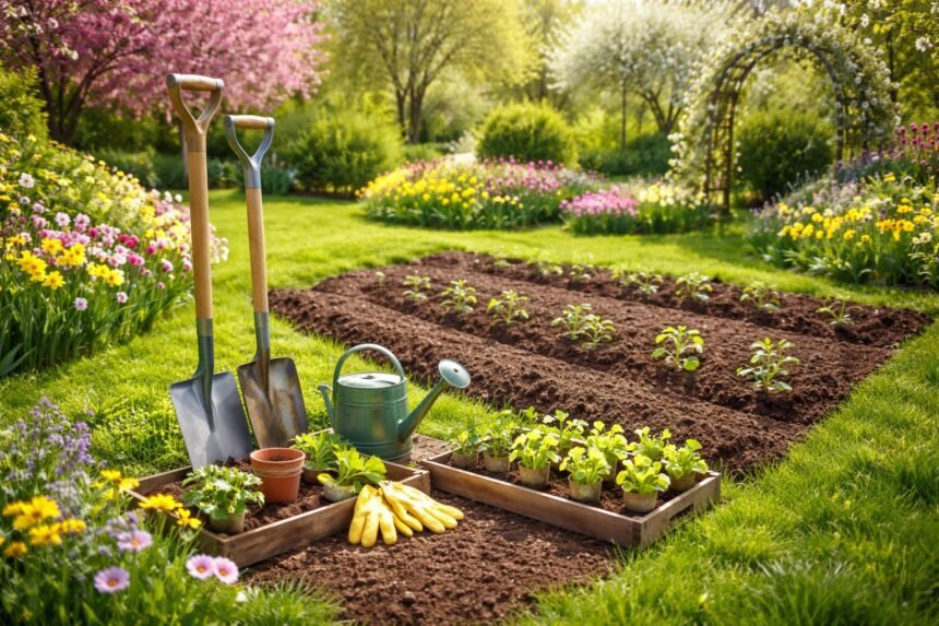 – Frühjahrsarbeiten im Garten: Vorbereiten, säen, düngen, gießen, schützen, pflegen und pflanzen.