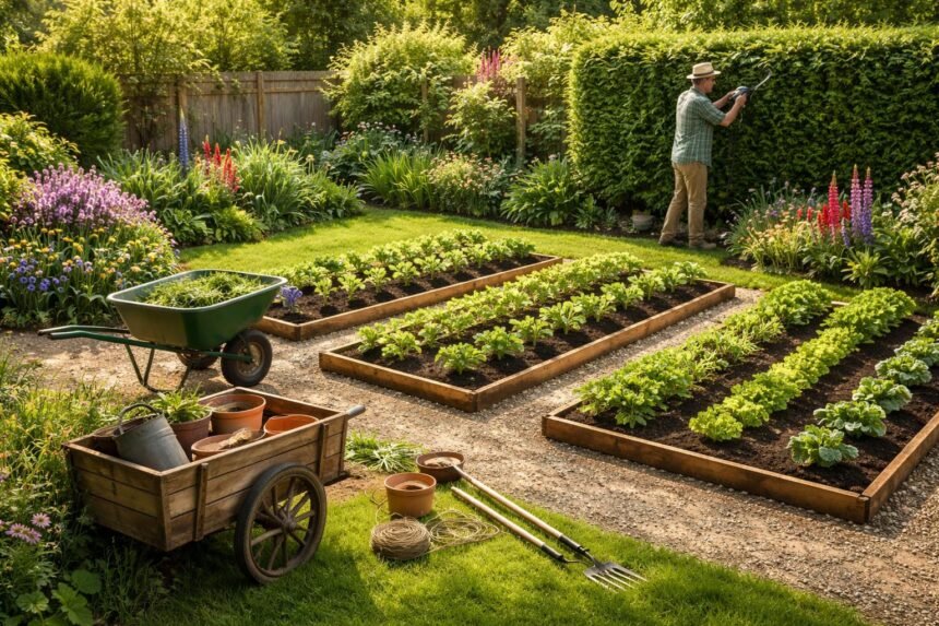 Gartenarbeit im Frühjahr – Was jetzt gesät, geschnitten und gepflegt werden sollte Frühlingsgarten im Fokus: Beete vorbereiten, aussäen, schneiden, Rasen pflegen, Hecken und Stauden.