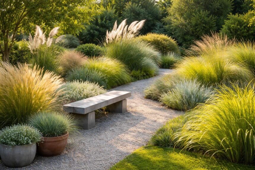 Nahaufnahme von Gartengräsern in einem stilvollen Garten mit Lichtspielen und Bewegungen